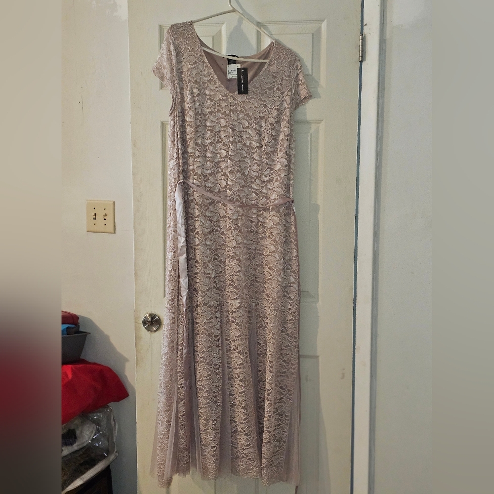 Candalite Evening Dress, taupe color w/ Sparkles, Sheer Pleats at the Bottom